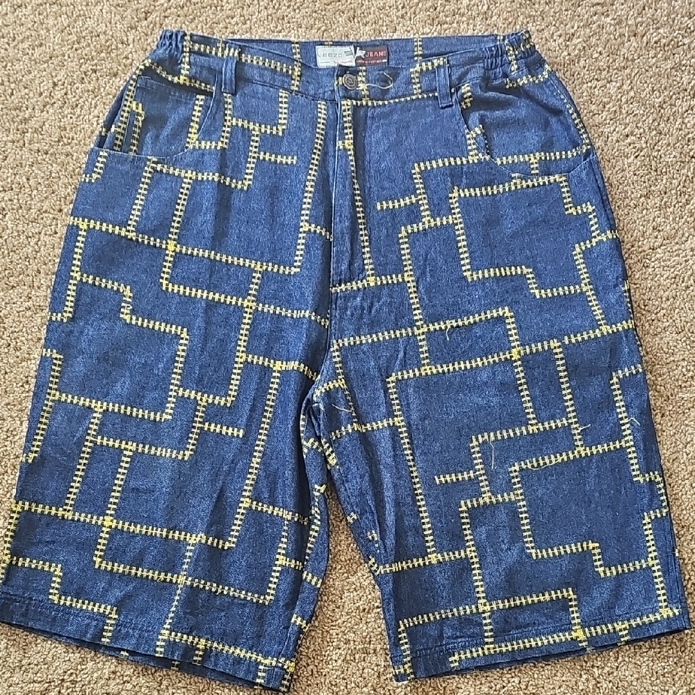Men's Blue and Yellow Patterned Jean Shorts